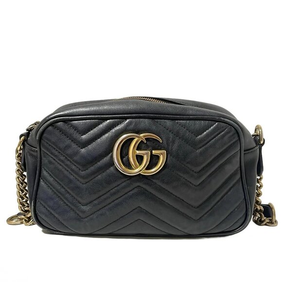 Auth GUCCI GG Marmont 447632 Black Leather - Shoulder Bag - Picture 1 of 10